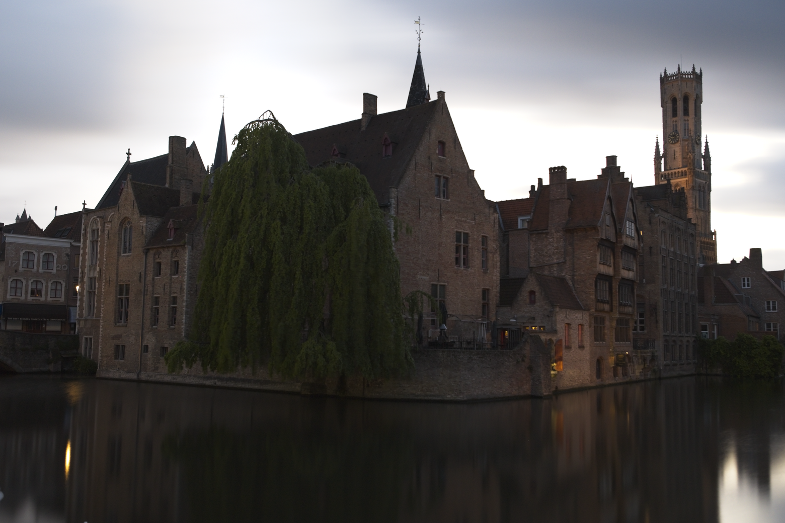A tranquil and picturesque view of historic European canal houses. The scene features a large, prominent weeping tree dominating the foreground, standing along a waterfront. To the right, a substantial building with a visible tower (likely a church) anchors the composition. The row of aged, traditional buildings is reflected perfectly in the calm, dark water, suggesting the soft lighting of dawn or dusk.